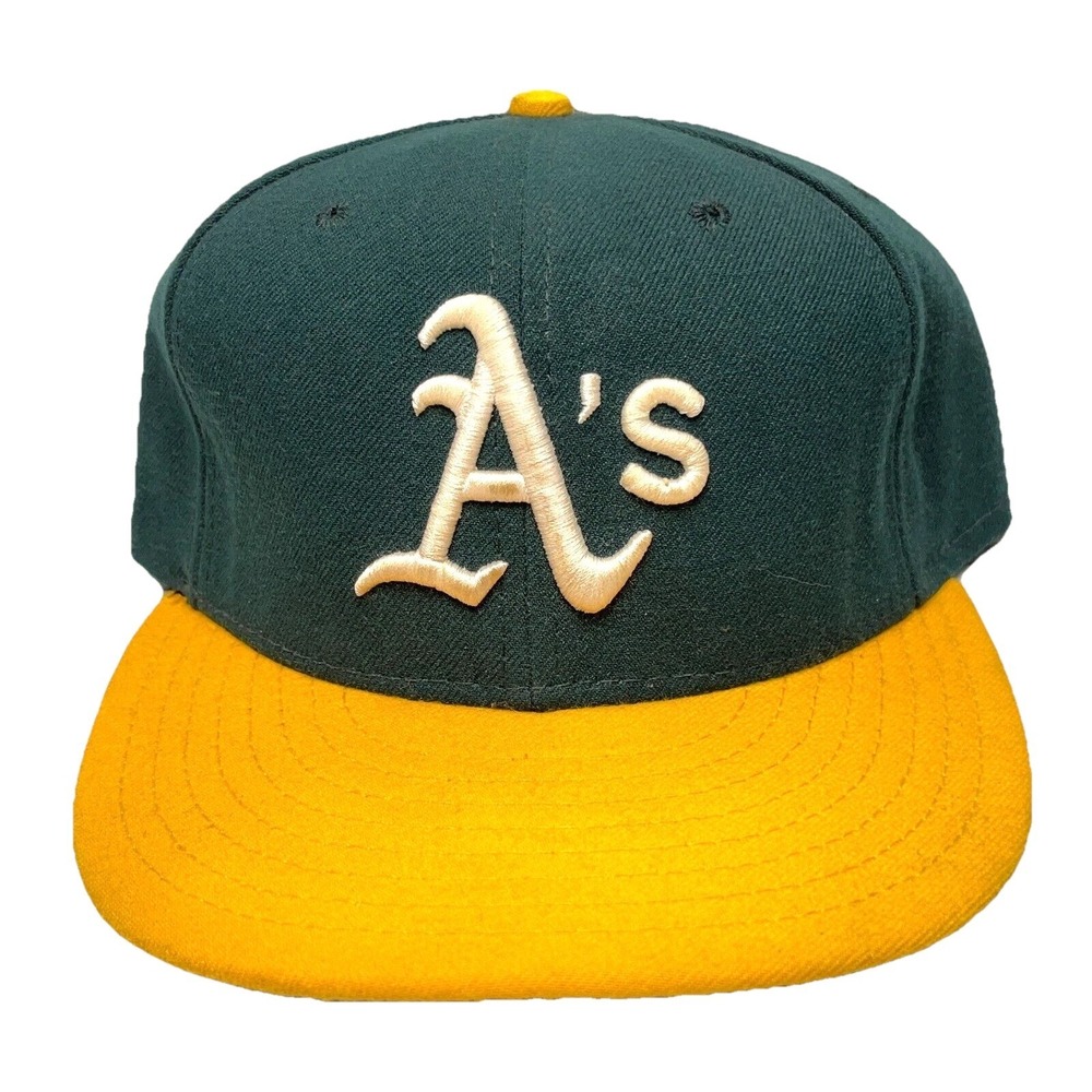Oakland Athletics Hat Cap Fitted Size 7 1/4 Green Yellow 59Fifty Plain Logo Flat